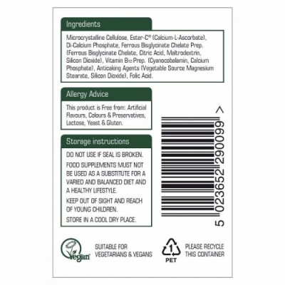 Natures Aid Iron Bisglycinate with Ester C Vitamin B12 Folic Acid 90 Tablets