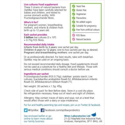 Buy Optibac Probiotics For Babies & Children 30 sachets from Mulberry Wholefoods online UK Supplier.