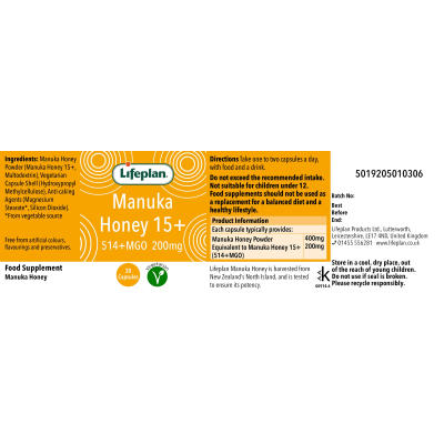 Lifeplan Manuka 15+ (514+MGO) 30 capsules
