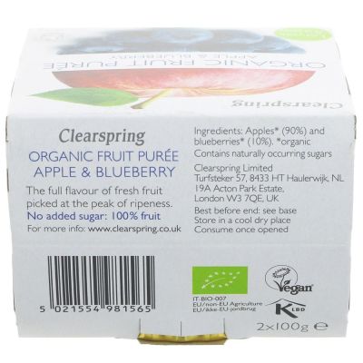 Buy Clearspring Organic Fruit Puree - Apple & Blueberry 2x100g Online − UK Supplier