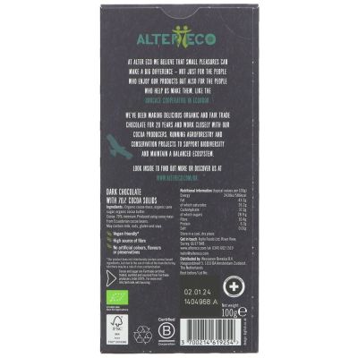 AlterEco Organic 70% Equador Dark Chocolate 100g