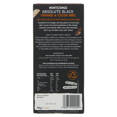 Montezumas Absolute Black 100% Cocoa with Orange & Cacao Nibs 90g