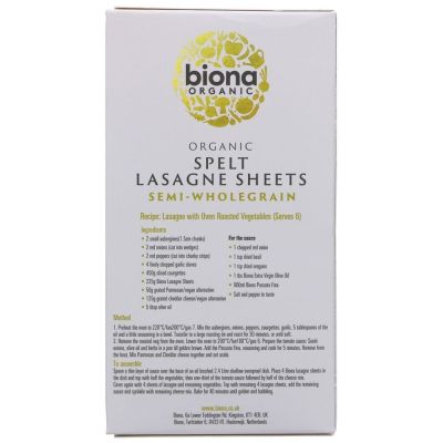 Biona Organic Spelt Lasagne Sheets - Semi-Wholegrain 250g