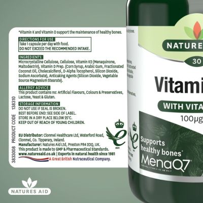 Natures Aid Vitamin K2 (100ug) MenaQ7 (with Vitamin D3) 30 Vcaps