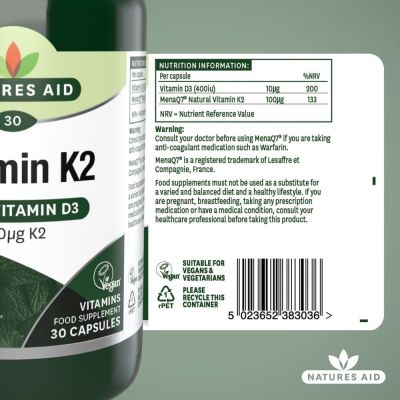 Natures Aid Vitamin K2 (100ug) MenaQ7 (with Vitamin D3) 30 Vcaps