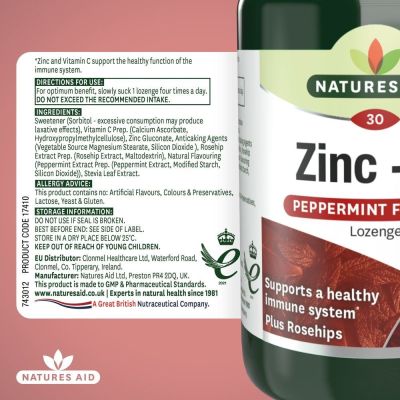 Natures Aid Zinc Lozenge (Peppermint) with Rosehip + Vitamin C 30 Lozenges