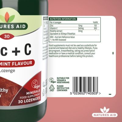 Natures Aid Zinc Lozenge (Peppermint) with Rosehip + Vitamin C 30 Lozenges