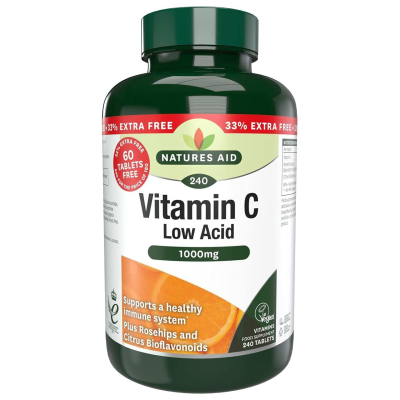 Natures Aid Vitamin C 1000mg Low Acid 240 Tablets 33% Extra