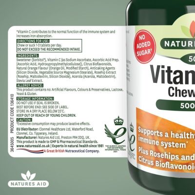 Natures Aid Vitamin C 500mg Sugar Free Chewable (with Rosehips & Citrus Bioflavonoids) 100 Tablets
