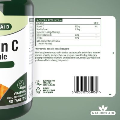 Natures Aid Vitamin C 500mg Sugar Free Chewable (with Rosehips & Citrus Bioflavonoids) 50 Tablets